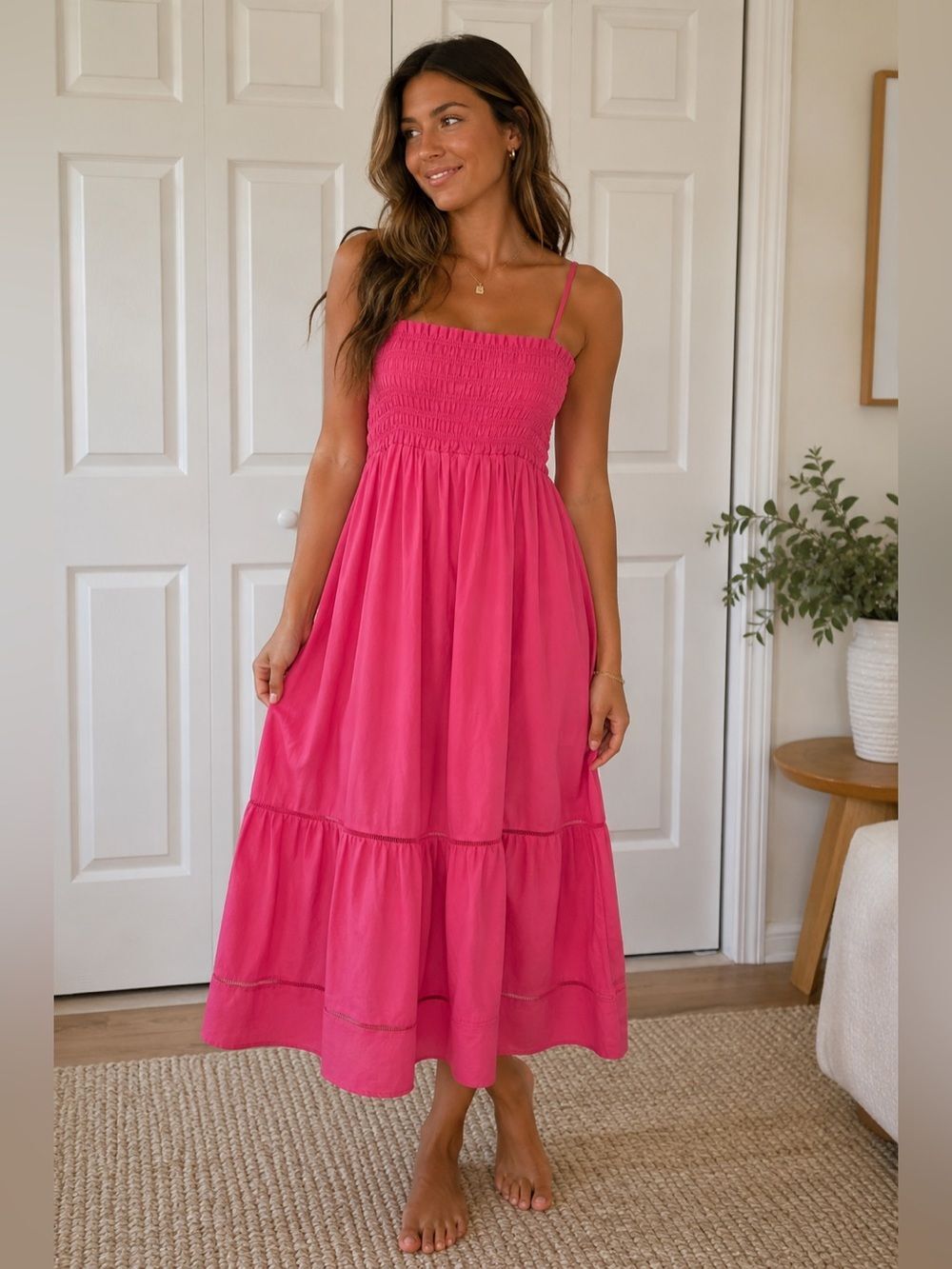 o.p.t Smocked Midi Sundress Bright Pink Tiered Skirt Size S